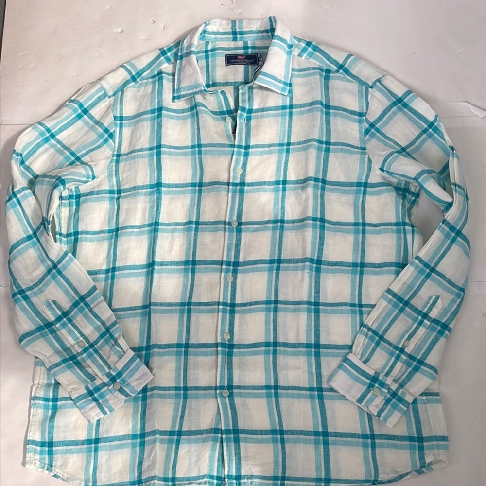 Vineyard Vines Blue and White Linen Tisbury Plaid Casual Shirt XL